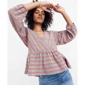 Madewell Striped Bubble-Sleeve Peplum Top